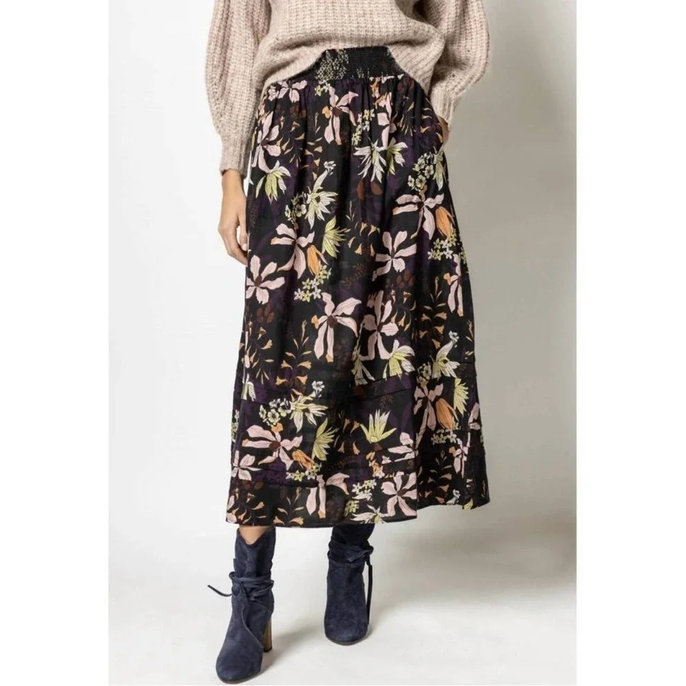 LILLA P Cotton Multicolored Floral Midi Skirt Size Small